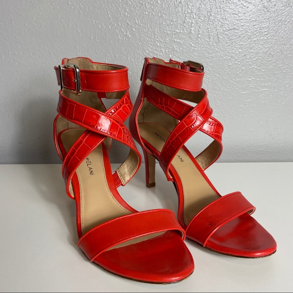 Antonio Melani Red Strappy Peep Tie Zipper Heel, 8
